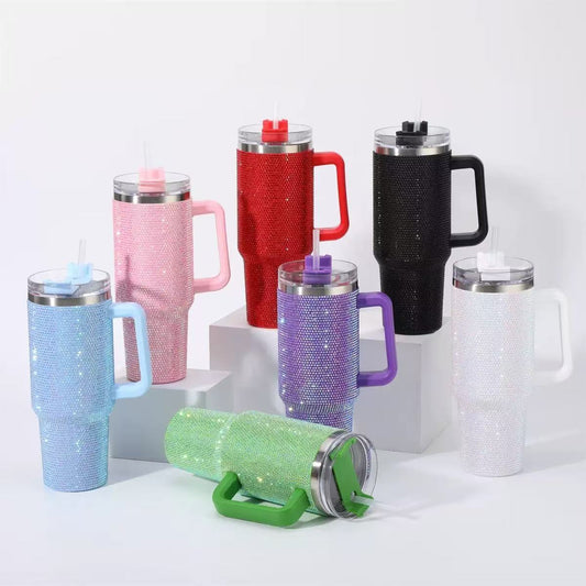 40oz Bling Rhinestone Tumbler with Handle & Straw Stainless Steel Cup
