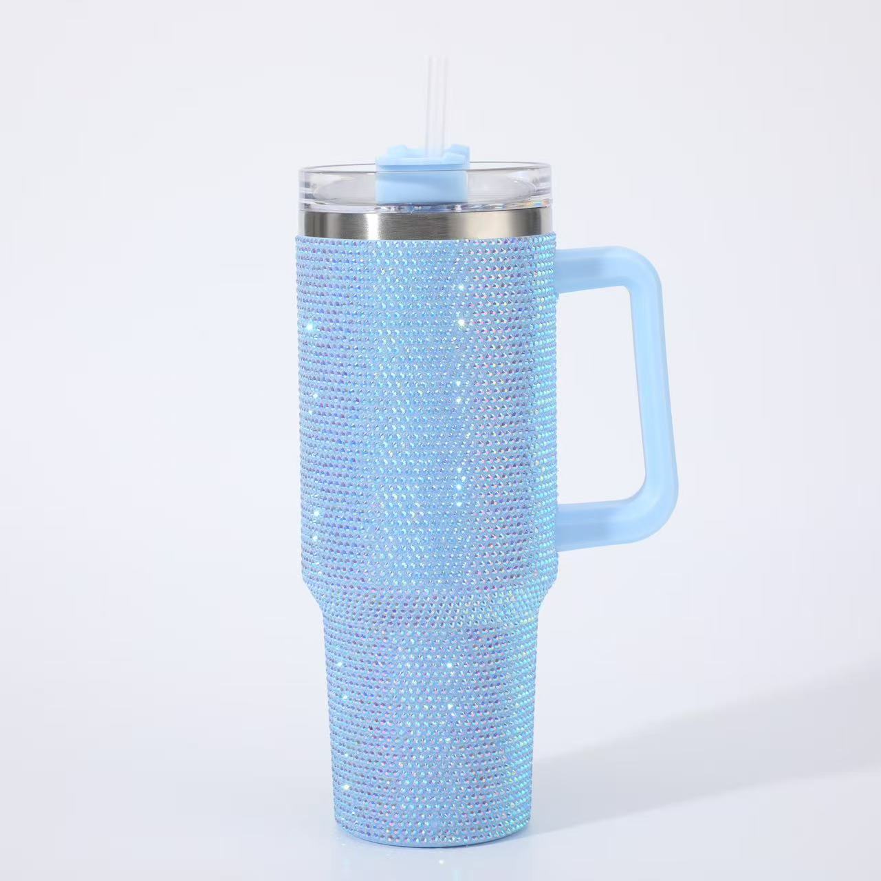 40oz Bling Rhinestone Tumbler with Handle & Straw Stainless Steel Cup