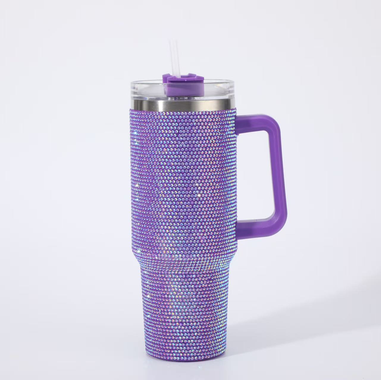40oz Bling Rhinestone Tumbler with Handle & Straw Stainless Steel Cup