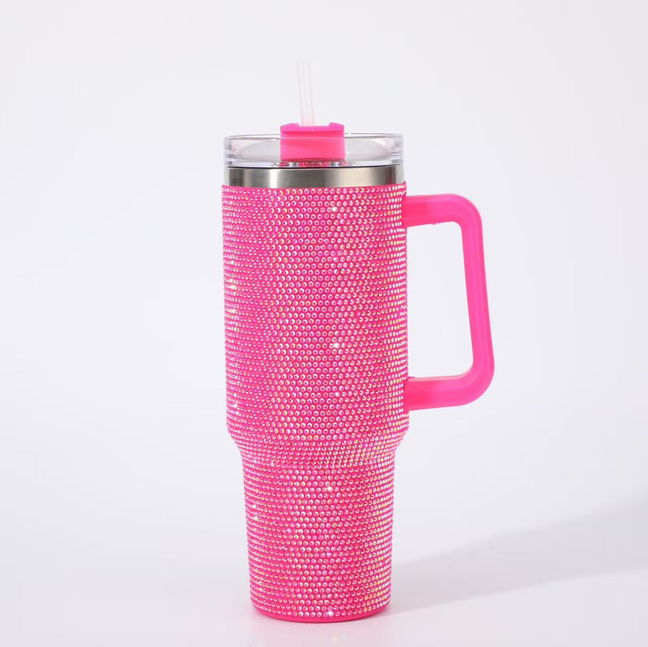 40oz Bling Rhinestone Tumbler with Handle & Straw Stainless Steel Cup