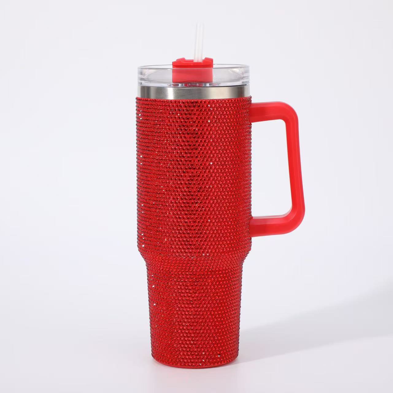 40oz Bling Rhinestone Tumbler with Handle & Straw Stainless Steel Cup