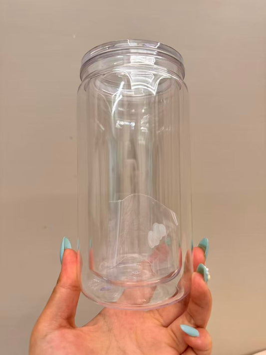 16oz double-wall plastic or glass tumbler with bottom plug, shatter-resistant straw cup.