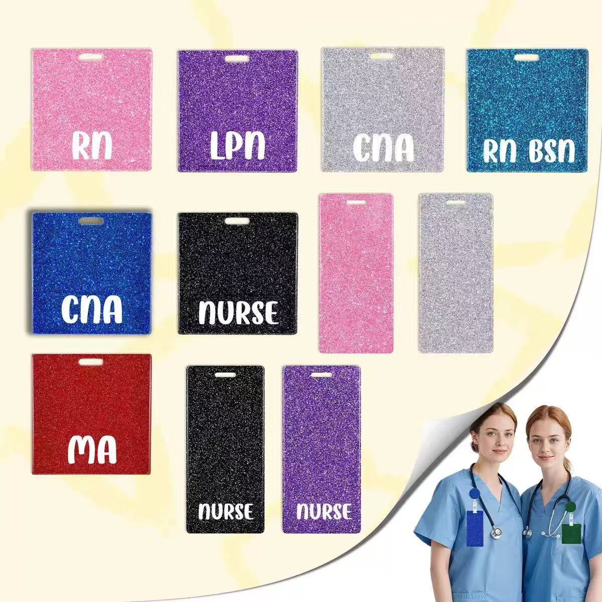 Glitter RN Acrylic Badge Reel Nurse Doctor Hospital ID Badge Holder Nurse Name Tag Clip Card Holder Sticky Note Charm